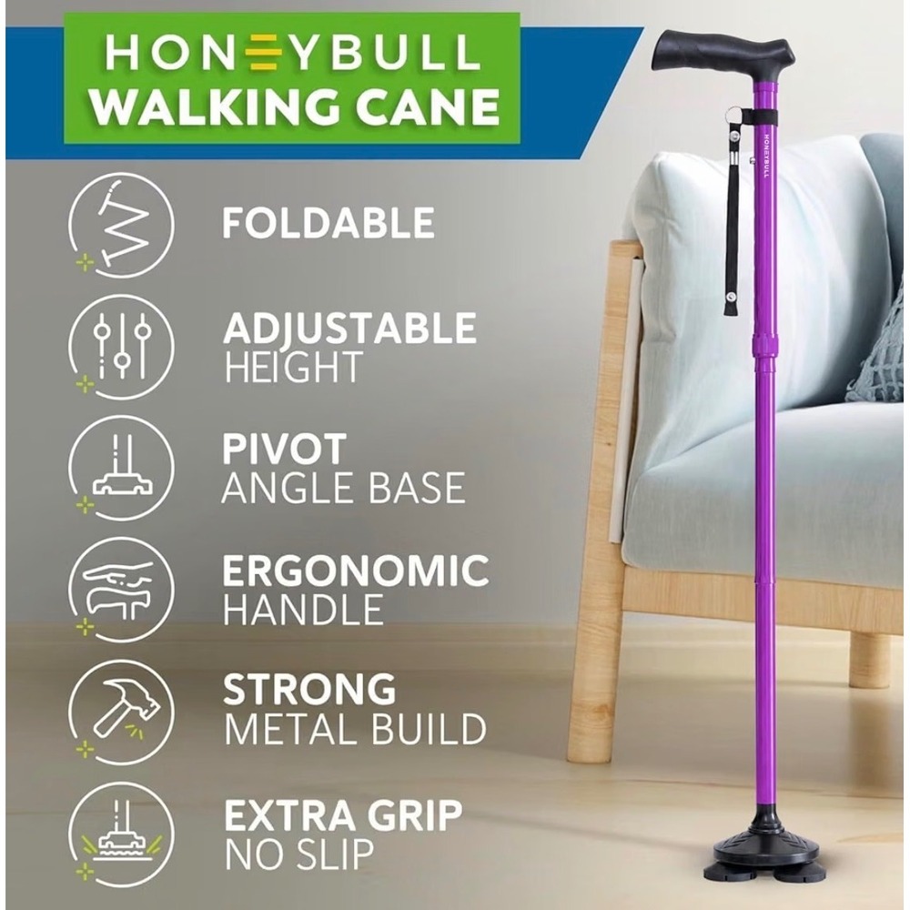 HoneyBull Walking Cane Foldable Adjustable Height Pivot Base Purple WCR